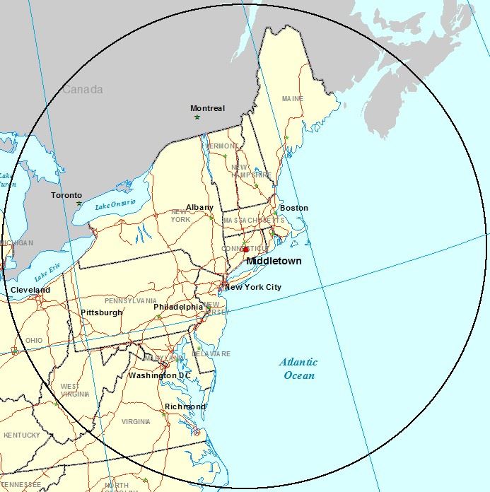 Middletown Map of 500 Mile Radius