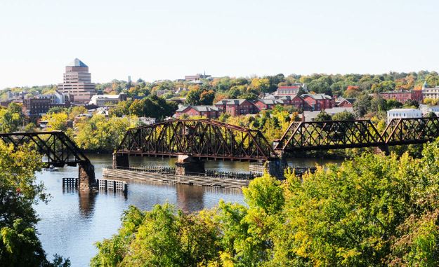 Aerial view of swing bridge and downtown