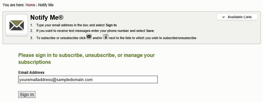 Screen Shot of Notify Me Sign In