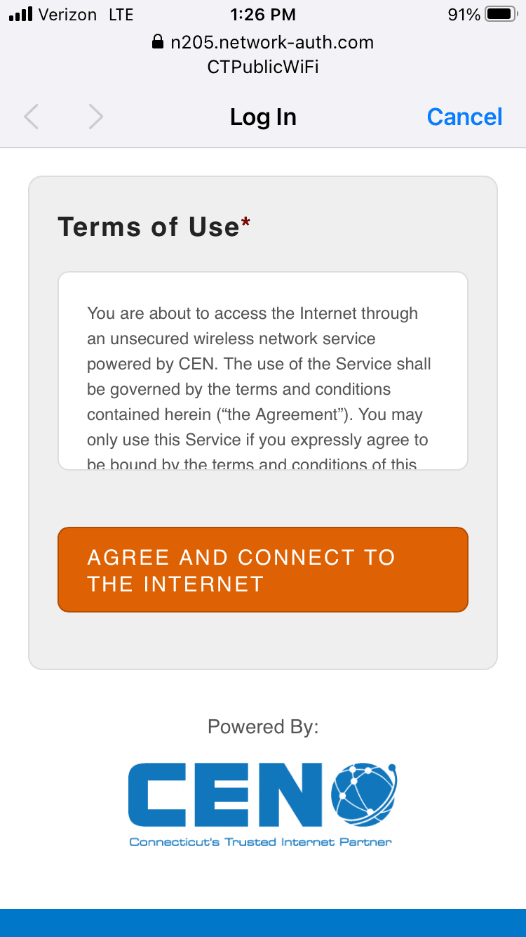 Screenshot of CEN's usage agreement